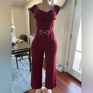 Charlotte Russe Burgundy Jumpsuit with Gold Belt